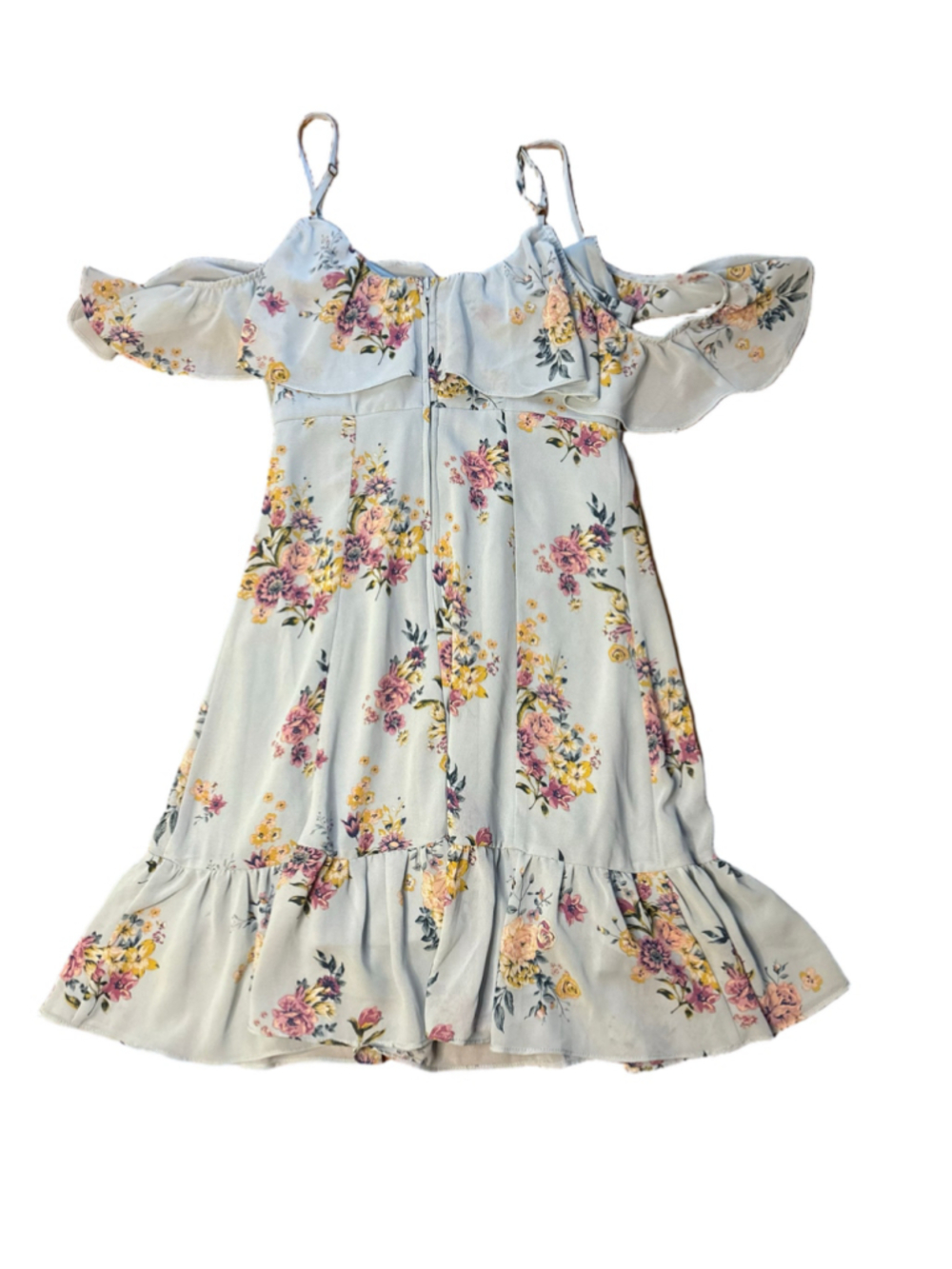 Rewind XS Light Blue Floral Mini Dress Cold Shoulder Ruffle Cottagecore Boho